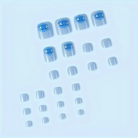 Nails Press On Toenails 24 Evil Third Eye Blue Short Style Fake Glossy Vacation - Picture 2 of 4